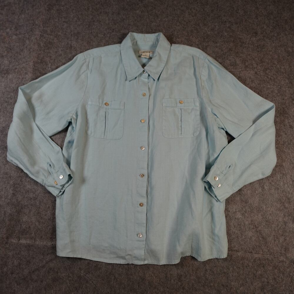 Orvis Top Womens 18 Linen Button Front Beachy Coastal Lagenlook Light Blue Shirt